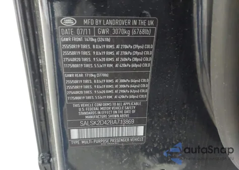 2011 Land Rover Range Rover Sport Hse из США, поврежденный, VIN SALSK2D42BA713869